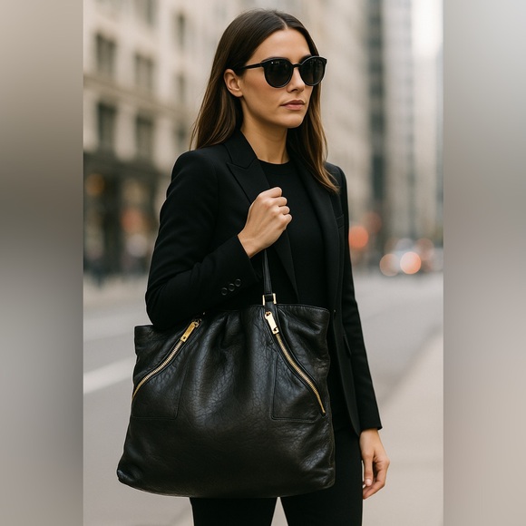 Tory Burch large black leather tote w/ dust bag - Picture 1 of 16